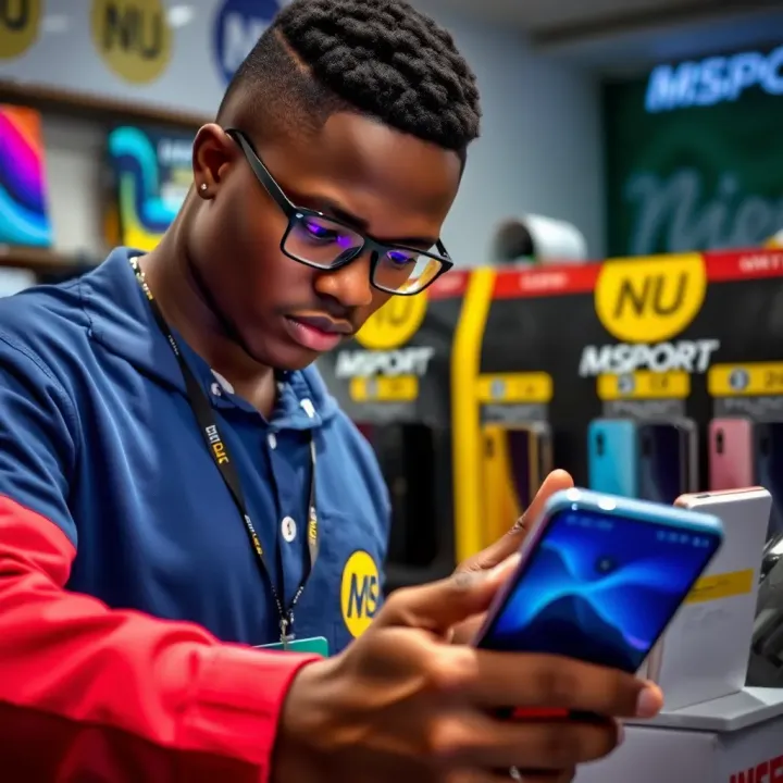 Close-up of a customer checking features and price tags on MSport smartphones in a Nigerian electronics shop