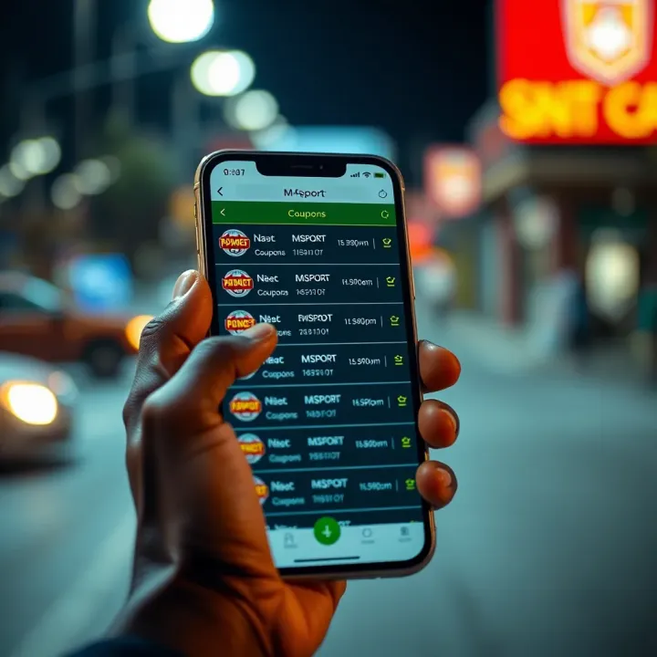 Checking MSport Mobile Coupons on a Smartphone Mobile phone displaying a list of MSport mobile coupons on the screen