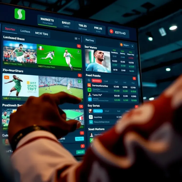 User interacting with a digital betting platform displaying various Nigerian sports options and betting markets