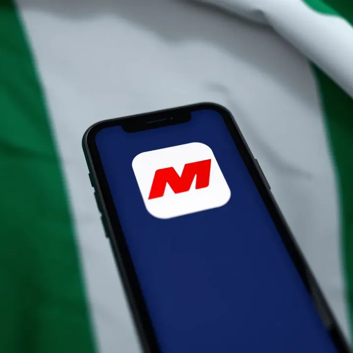MSport App Icon with Nigerian Context Mobile phone screen displaying the MSport app icon with a Nigerian flag in the background