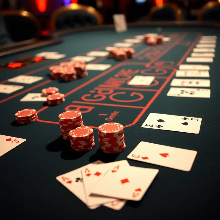 Blackjack table layout showing cards and chips arranged for strategic betting