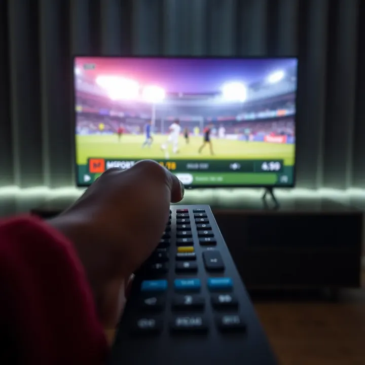 Accessing Live Sports on MSport TV Using Booking Code Remote control pointing towards a TV displaying live sports broadcast on MSport