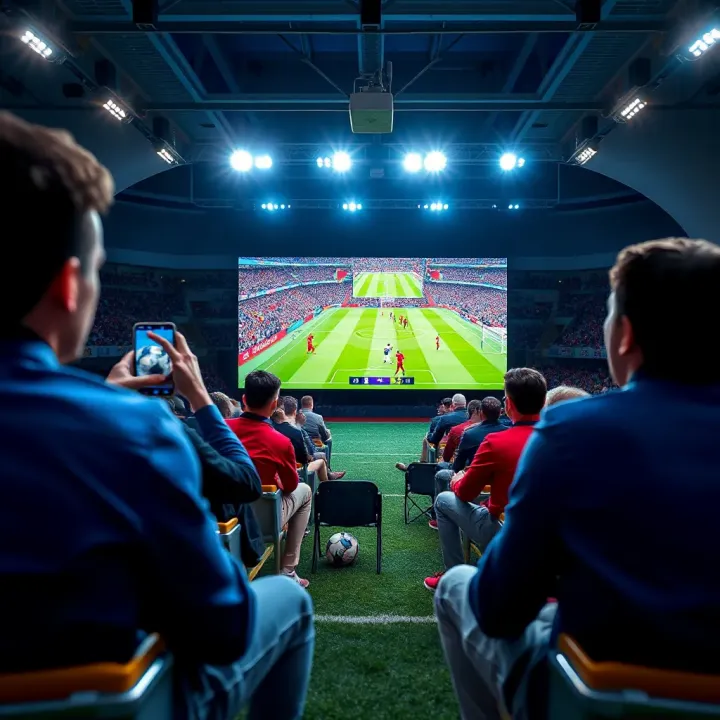 Excited football fans watching a live EPL match on a large screen in a vibrant stadium environment