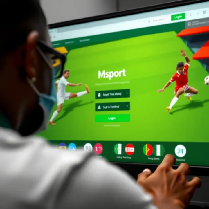 User interface showing login screen of Msport Nigeria platform with sports icons and login fields