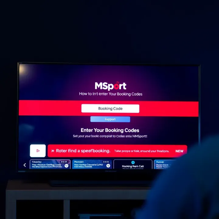 Television screen showing MSport digital platform interface with booking code input field