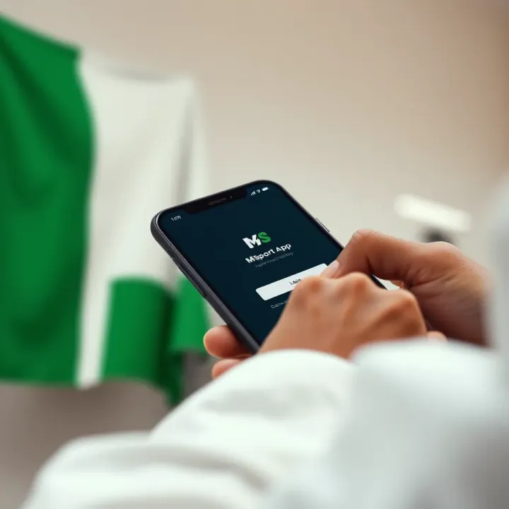 Msport App Login Interface in Nigeria User logging into the Msport app on a smartphone with Nigerian flag in background