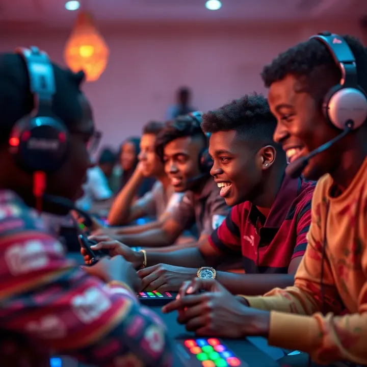 The Influence of Msport Games on Youth Engagement and Economy in Nigeria Young individuals engaging enthusiastically with esports gaming consoles in a lively setting