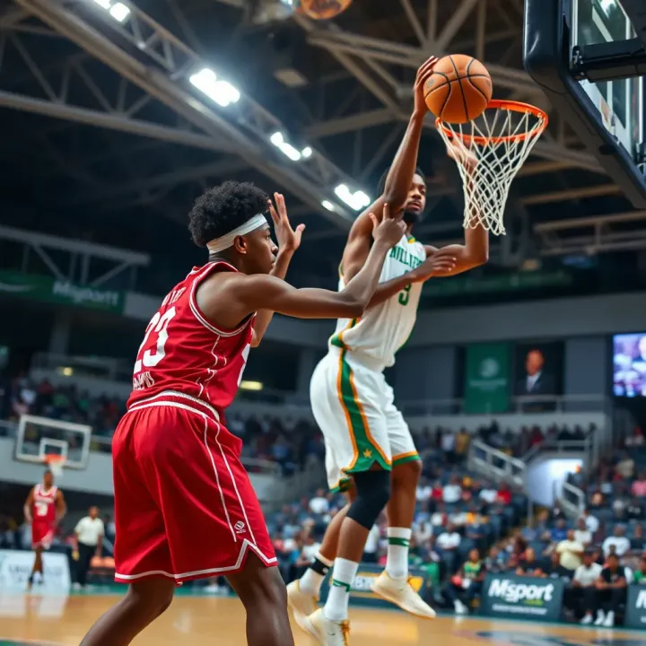 Nigerian basketball athletes executing strategic plays in a packed stadium
