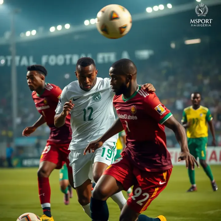 Dynamic Nigerian football players competing fiercely on the pitch during a league match