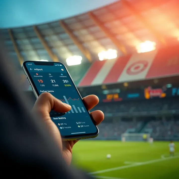 User interacting with a smartphone showing digital sports statistics and performance metrics