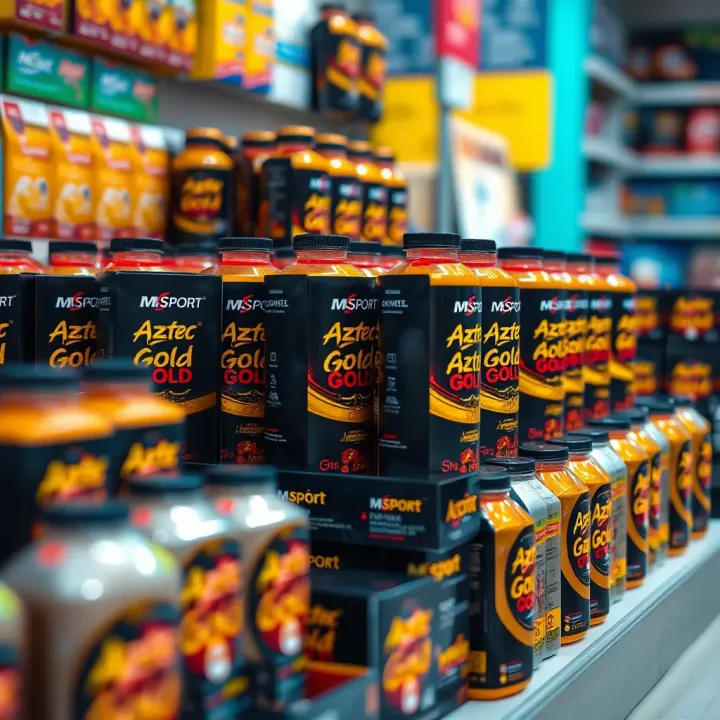 MSport Aztec Gold Product Variety and Availability Display of MSport Aztec Gold products arranged to highlight variety and availability in local stores