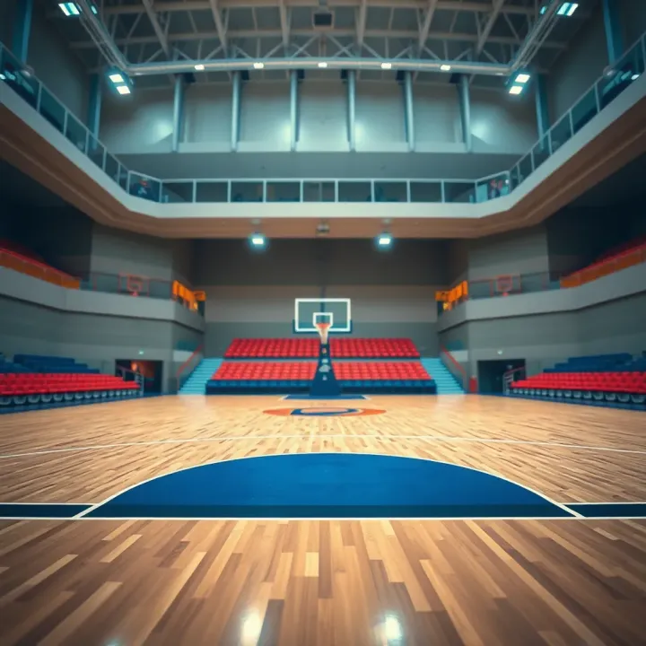 Modern indoor basketball court with polished wooden flooring and vibrant seats