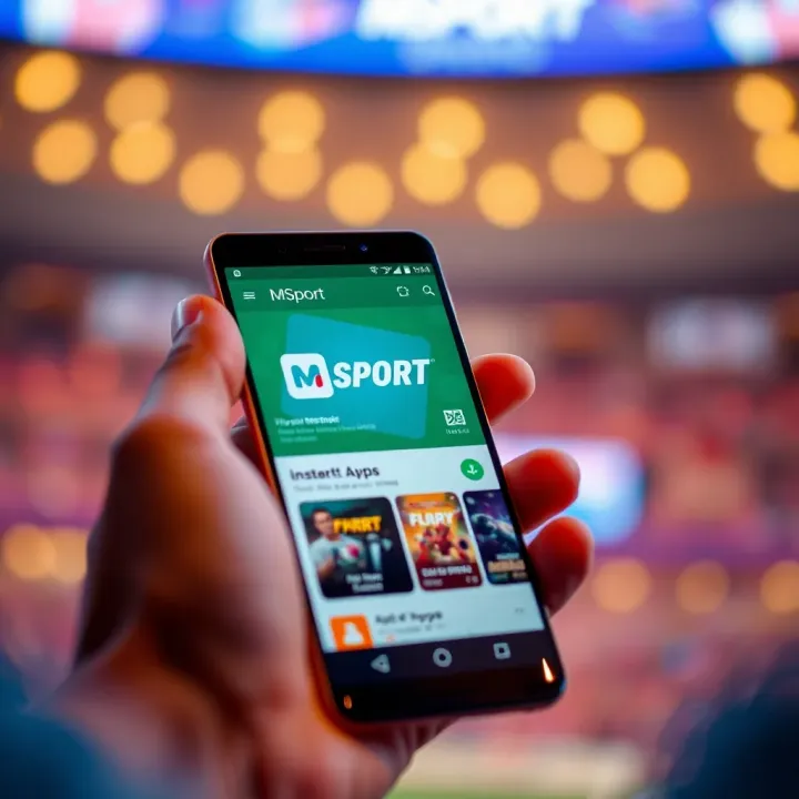 Android device showing MSport app installation process from Play Store