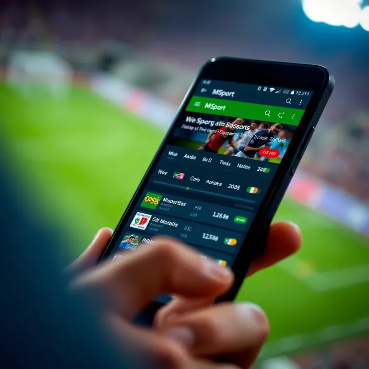 MSport App Interface on Android Device Android smartphone displaying the MSport app interface with live sports scores and betting options