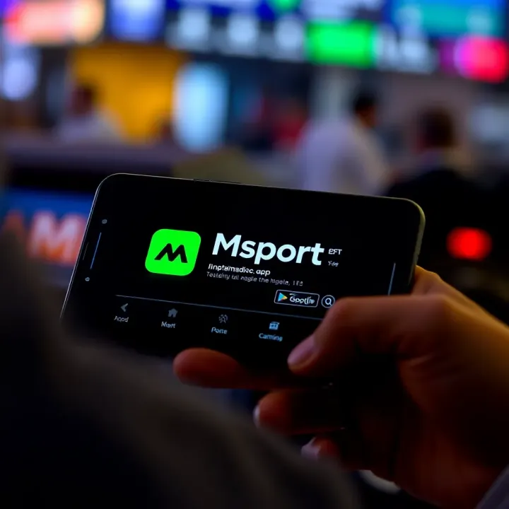Illustration of an Android device showing the MSport app installation progress and registration screen