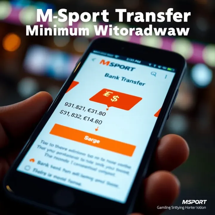 MSport Bank Transfer Minimum Withdrawal Overview Illustration showing a mobile phone displaying a bank transfer screen with currency symbols and arrows indicating transaction flow