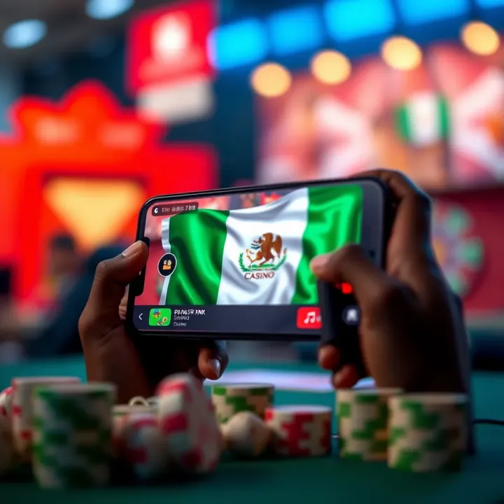 Mobile device displaying MSport Casino app interface with Nigerian flag symbolizing localized gaming experience