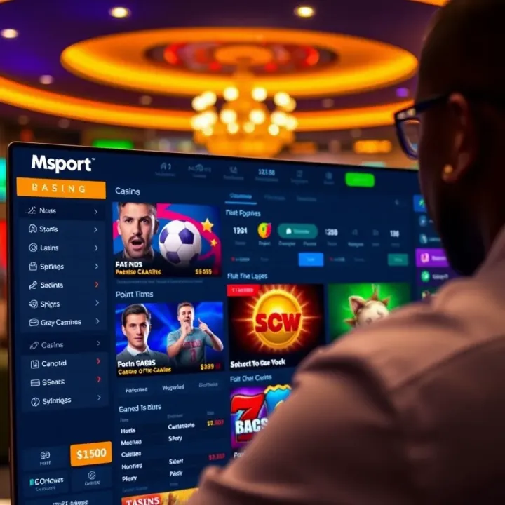 User interface of Msport Casino online platform showing sports betting options and casino games