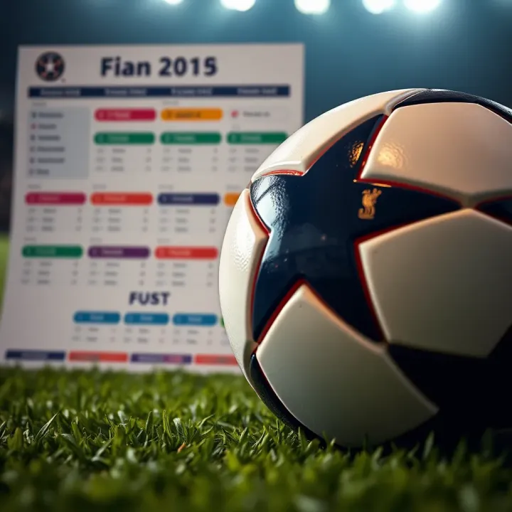 Close-up of a football on the pitch next to a match schedule and a calendar