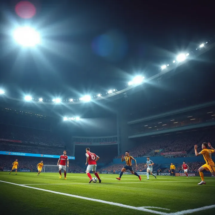 A dynamic football stadium under bright lights showcasing a heated Europa League match with players in action