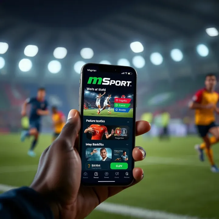 MSport Mobile App Supporting Nigeria’s Sports and Banking Integration Smartphone displaying MSport app with Nigerian sports elements and banking features