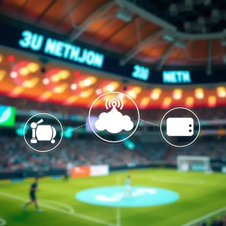 Network Connectivity and Technology Enabling Seamless Sports Livestream Graphic showing network connectivity symbols with sports icons representing smooth livestreaming experience