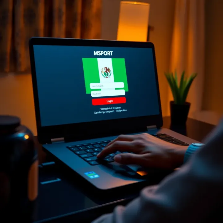 User logging into Msport platform on a laptop with Nigerian flag on screen