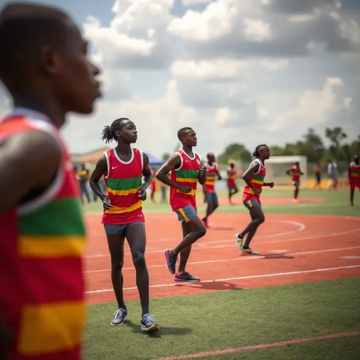 Athletes training on a vibrant outdoor sports field in Malawi during a community event
