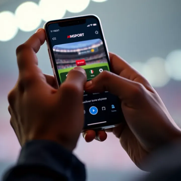 User interacting with a smartphone displaying the Msport NG app interface showing live sports scores and updates