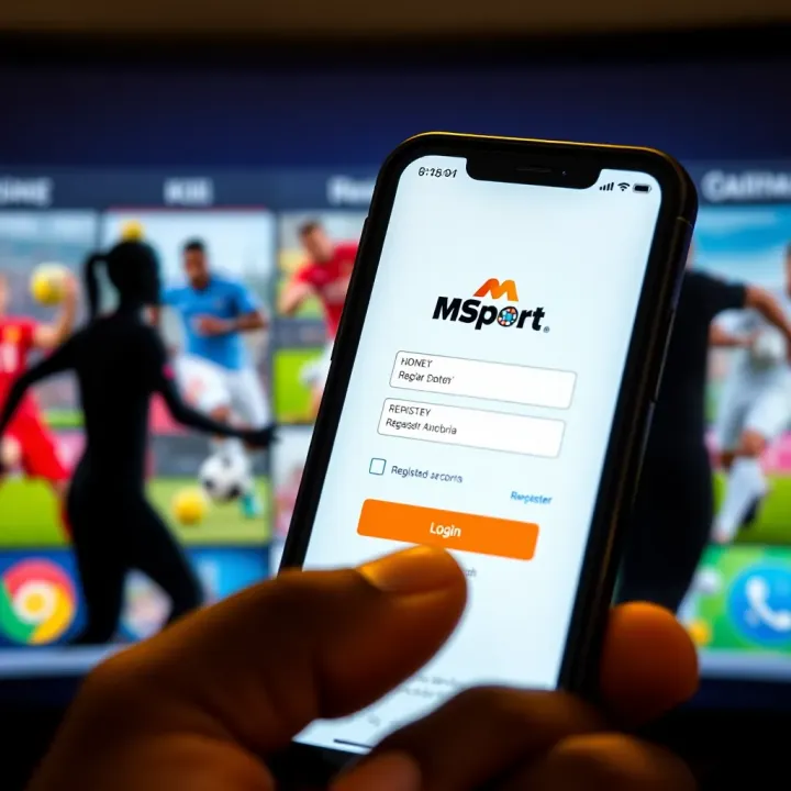 Mobile phone displaying MSport Nigeria login screen with sports icons in the background