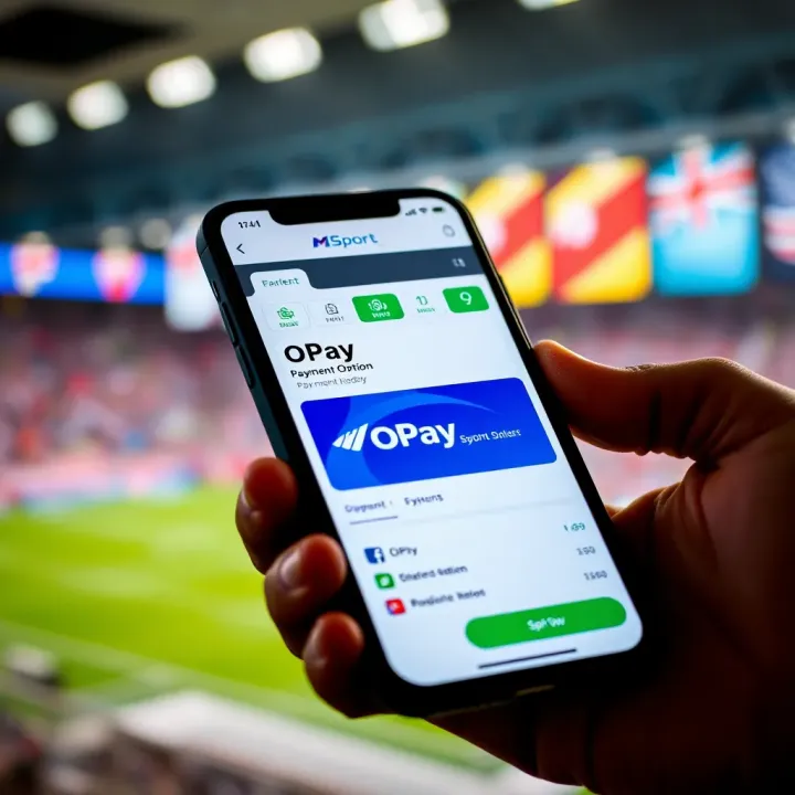 MSport Betting Platform Featuring OPay Payment Method Mobile phone displaying MSport betting app with OPay payment option