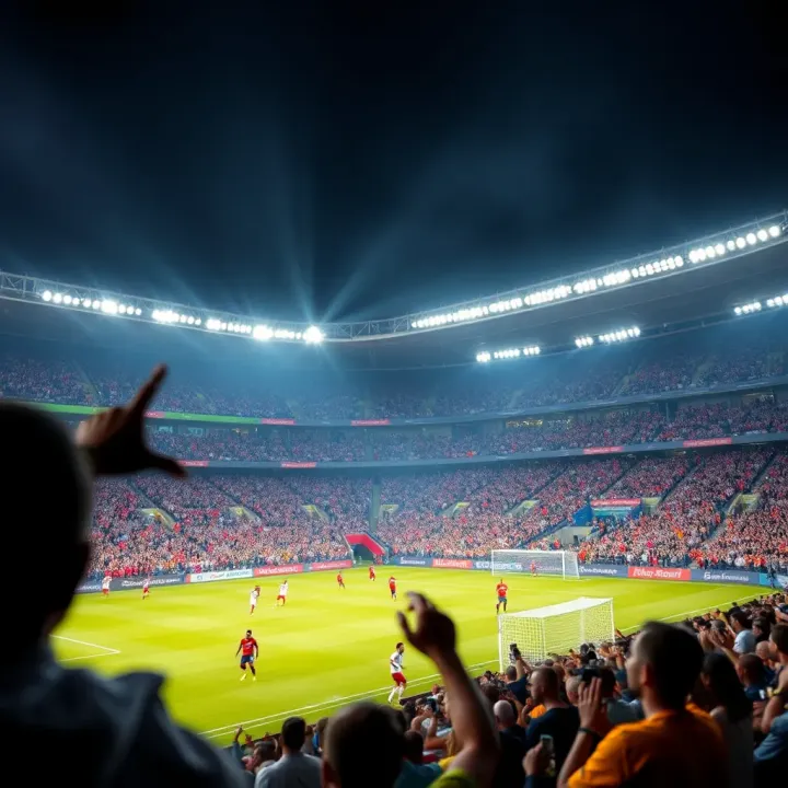 A vibrant football stadium filled with enthusiastic fans cheering during a high-stakes MSport Premier League match