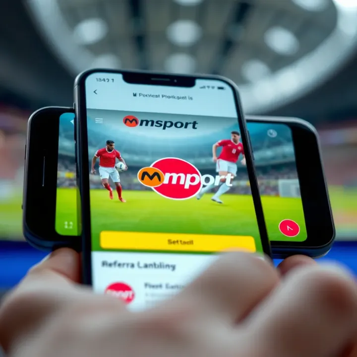 Smartphone screen displaying Msport referral code interface with dynamic sports icons