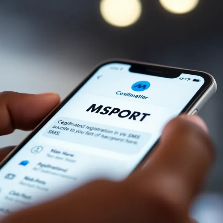 Close-up of a mobile device showing confirmation of successful MSport registration via SMS