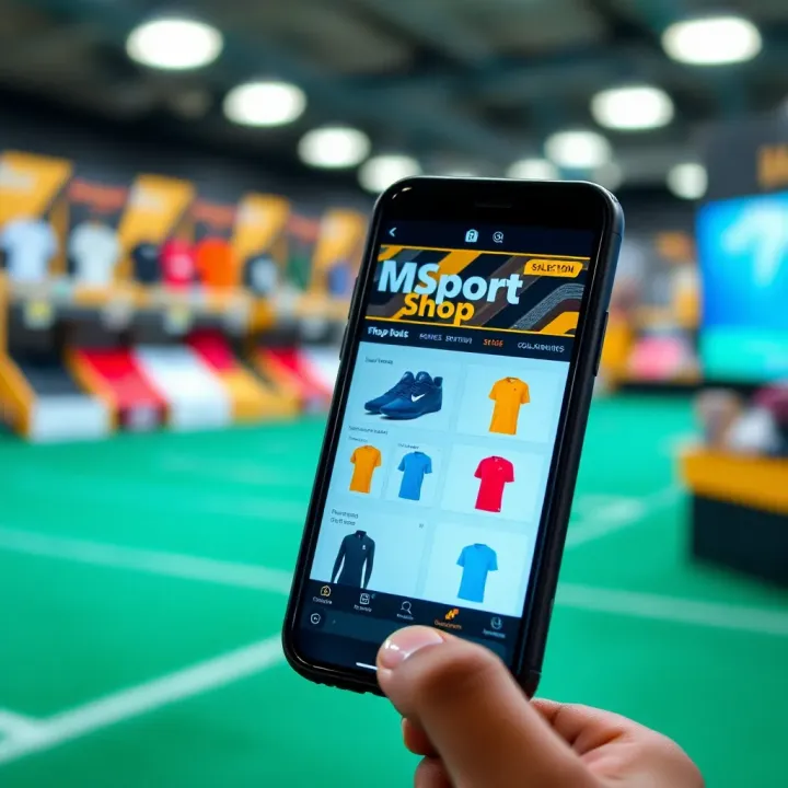 Mobile phone displaying Msport Shop app with a variety of sportswear products on the screen