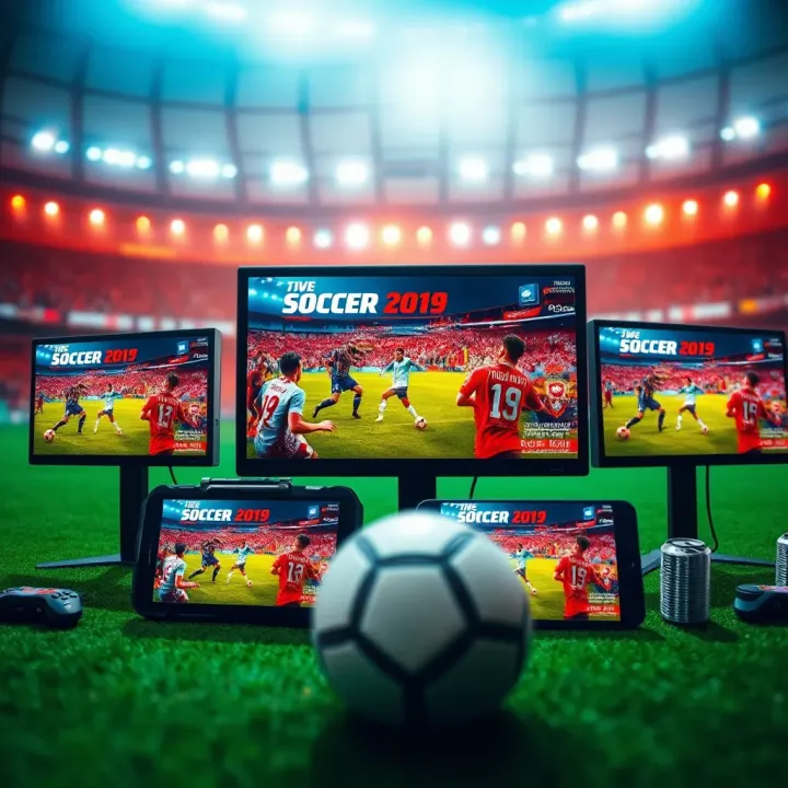 A vibrant live broadcast of an intense soccer match displayed on various digital devices