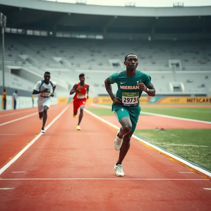 Dynamic Energy Surge Among Nigerian Athletes Athletes sprinting energetically on a Nigerian track field illustrating a surge of physical power