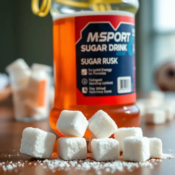 Sugar Intake as a Quick Energy Source in Sports Close-up of a sports drink bottle and sugar cubes symbolizing quick energy sources for fitness activities