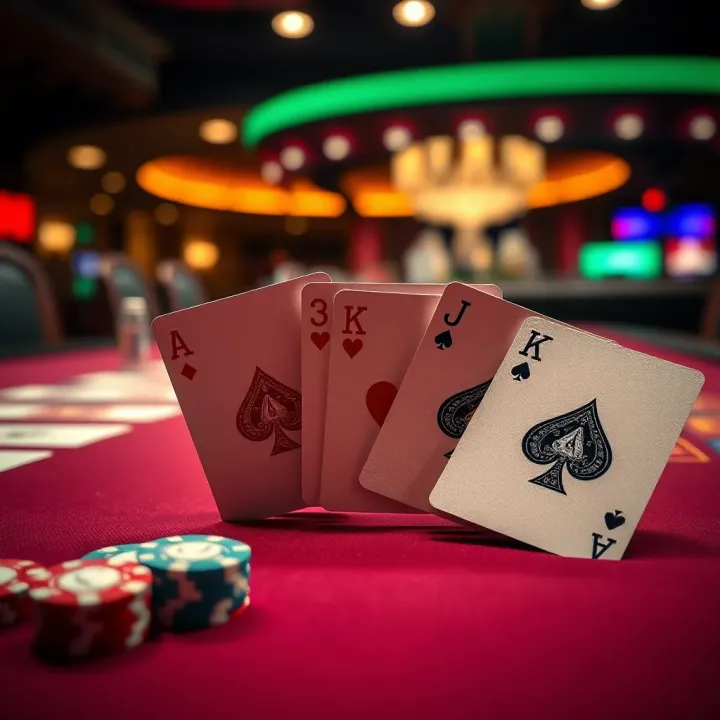 MSport Three Card Poker Casino Table Setup Three playing cards showing a poker game setup with chips on a casino table