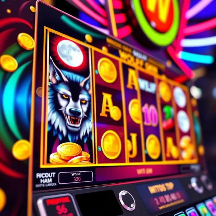 Msport Wolf Gold Max Win Slot Reels Display Colorful slot machine reels showing wolf, gold coins, and moon symbols with vibrant background