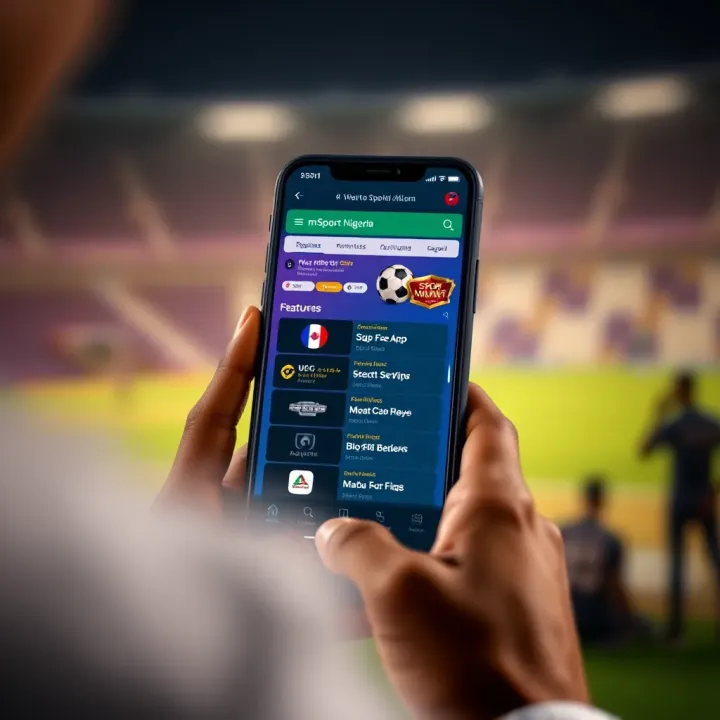 User navigating through the mSport Nigeria app on a mobile device highlighting key features and menu options