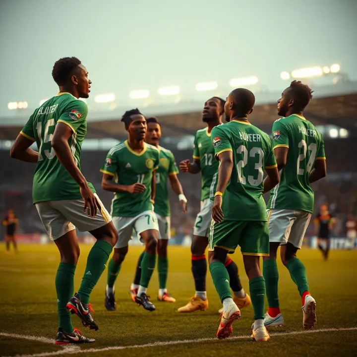 The Nigeria national football team celebrating a goal on the field with vibrant green jerseys