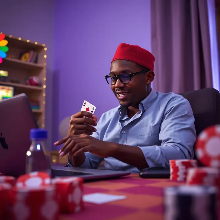Illustration of a Nigerian player enjoying gaming on a laptop with bonus icons