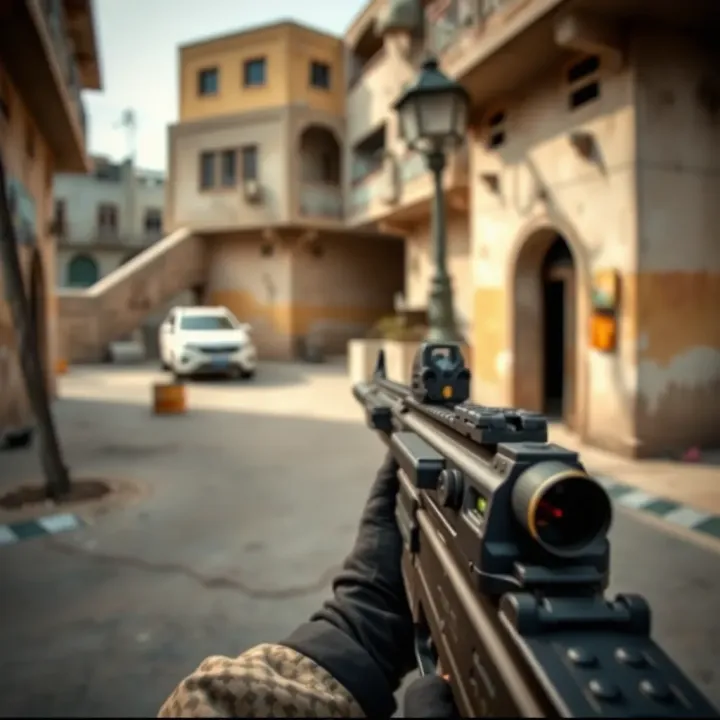 Screenshot of Counter-Strike Global Offensive gameplay showing a player aiming with a weapon in an urban map