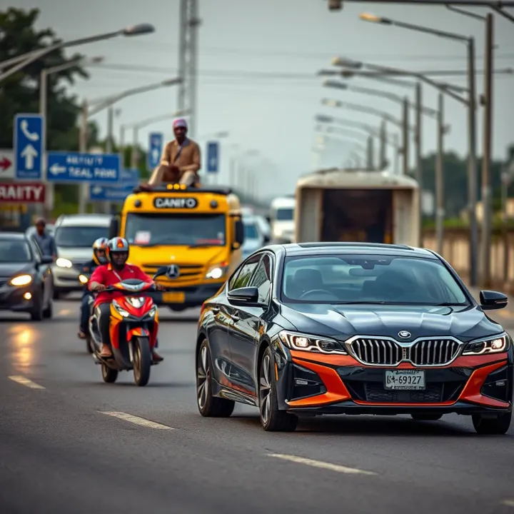Various Nigerian road transport modes including okada, danfo, and private cars equipped with MSport Crash Free technology