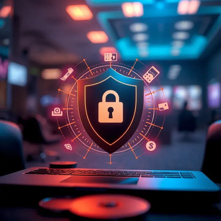 Secure digital transaction representation with shield and currency symbols illustrating online banking protection