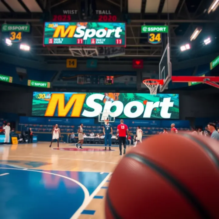 Dynamic basketball scene highlighting vibrant MSport branding in a local Nigerian arena