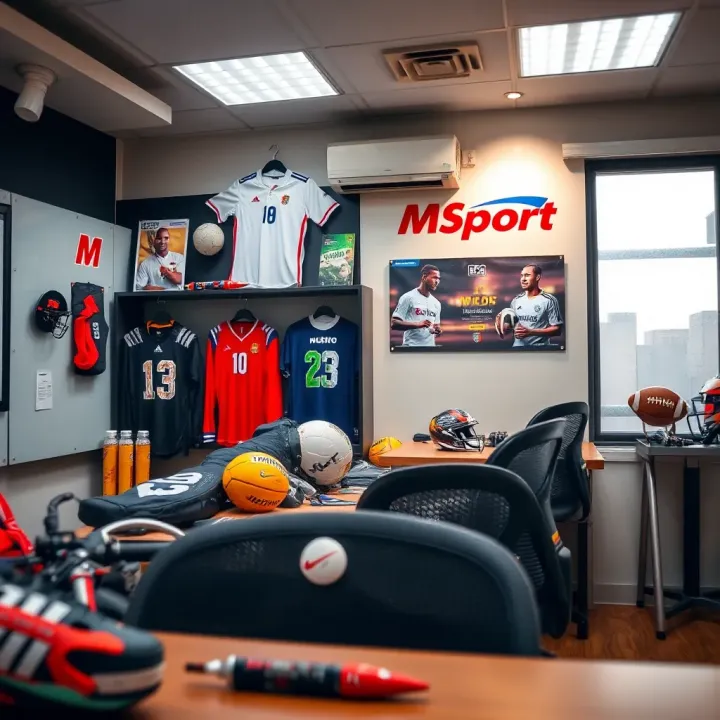 Sports equipment and promotional materials displayed inside MSport office highlighting services