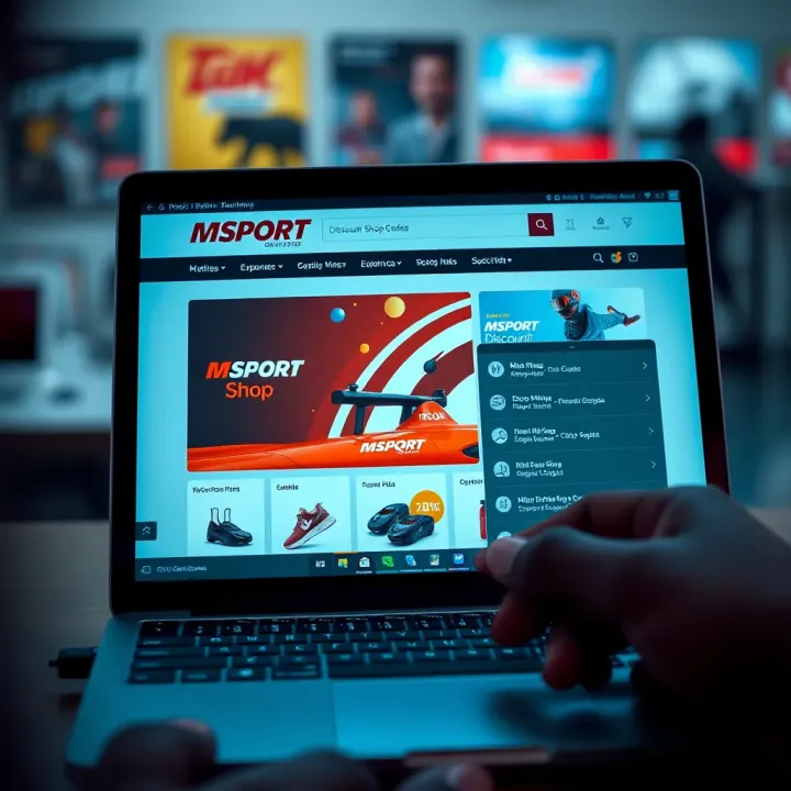 Navigating MSport Online Store to Find Discount Codes Illustration of a laptop screen displaying MSport online store with discount codes highlighted