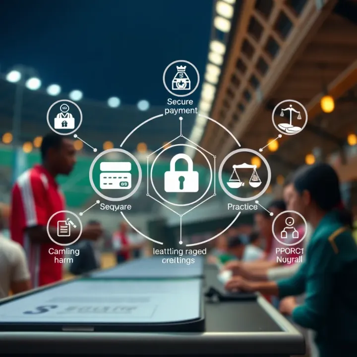 Illustration of safe and responsible sports betting with secure payment and legal compliance icons